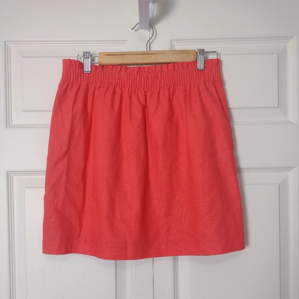 J. Crew Factory Linen Blend Smock Waist Pocket Sidewalk Mini Skirt Coral Size S